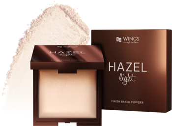 Wings of Color HAZEL light wypiekany puder, otwarta puderniczka i pudełko, obok jasny sypki proszek.