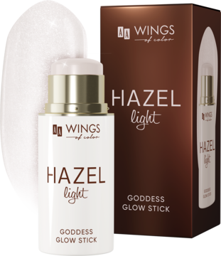 Biały rozświetlający stick WINGS of color HAZEL Light z mokrym wykończeniem, z brązowym pudełkiem i swatche.
