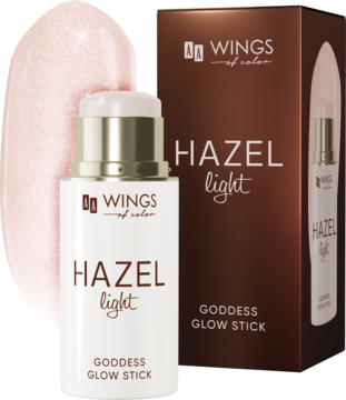 HAZEL LIGHT Goddess Glow Stick: biały sztyft, brązowe opakowanie i smuga różowo-złotego mokrego glow.