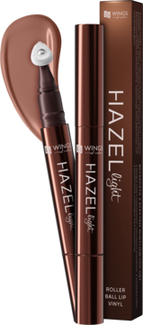 Brązowy błyszczyk HAZEL Light roller ball lip vinyl z otwartym aplikatorem, brązowa próbka koloru. Obok pudełko produktu.