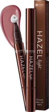 Błyszczyk HAZEL Light Roller Ball Lip Vinyl w brązowej tubce z metalowym roll-onem, orzechowy swatch i kartonik.