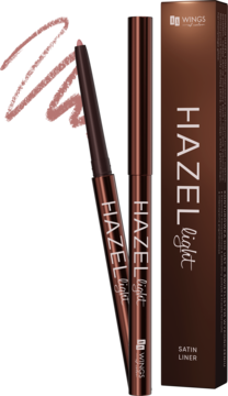 WINGS HAZEL light Satin Liner, brązowa konturówka do ust z nude rysikiem i próbką koloru na białym tle, obok opakowanie.