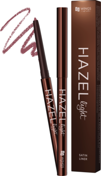 Konturówka do ust WINGS HAZEL light zgaszony róż, automatyczna, satynowa. Widoczny swatch i brązowe opakowanie.