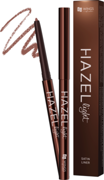 Dwie brązowe konturówki HAZEL light Satin Liner o świetlistym wykończeniu, z pudełkiem i testami koloru.