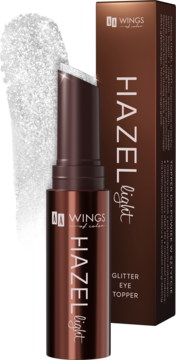 WINGS HAZEL light Glitter Eye Topper, otwarty brązowy sztyft ze srebrnym brokatem, obok pudełko, widok smugi brokatu.