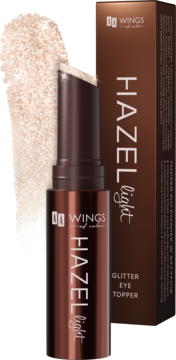 AA WINGS HAZEL light Glitter Eye Topper w sztyfcie, otwarty, z jasnym brokatowym swatchem i pudełkiem.