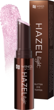 Różowy glitterowy cień do powiek WINGS of color HAZEL light w sztyfcie i jego brązowe pudełko.