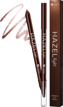 Brązowa kredka do oczu WINGS HAZEL light z błyszczącymi swatches i opakowaniem na białym tle.