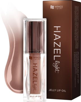 WINGS HAZEL LIGHT Jelly Lip Oil, przezroczysta butelka z brązowym olejkiem i brązowe pudełko, widok z przodu.