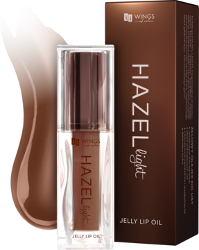HAZEL light Jelly Lip Oil w przezroczystej butelce z brązową nakrętką, obok brązowe pudełko i błyszcząca smuga.