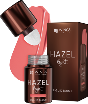 WINGS of nature HAZEL light LIQUID BLUSH. Brązowa butelka i pudełko, aplikator, koralowy swatch, naturalny rumieniec.