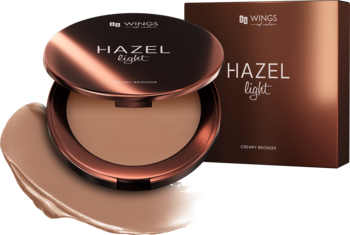 HAZEL LIGHT kremowy bronzer w otwartym, miedzianym kompakcie, ze smugą produktu, obok pasujące pudełko.