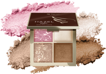 Złota paleta Hazel Light do konturowania twarzy z marmurkowym różem i bronzerami, na tle rozsypanych pudrów.