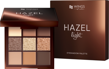 Otwarta paleta cieni HAZEL light: 9 matowych i błyszczących cieni w ciepłych brązach, beżach i złocie, obok pudełka.