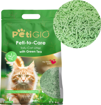 Opakowanie żwirku P'etiGIO Peti-to-Care Tofu Green Tea z kotem i zbliżeniem na zielony żwirek tofu.