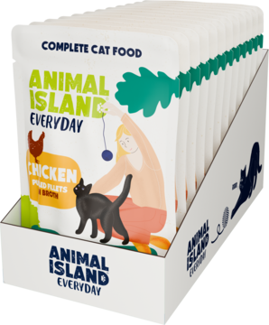 Zestaw 10 saszetek karmy dla kota Animal Island Everyday kurczak w rosole, w białym kartonowym displayu.