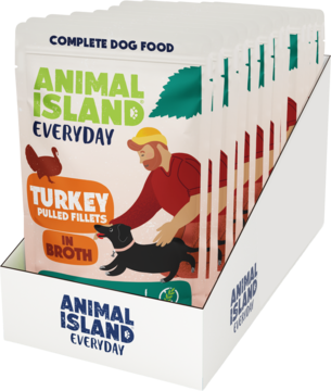 Display z saszetkami karmy dla psów Animal Island Everyday: indyk w filecikach w rosole, widok z przodu.