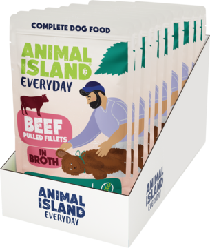 Animal Island Everyday karma dla psów, wołowe fileciki w rosole. Białe saszetki w ekspozytorze, widok z przodu.
