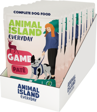 Saszetki Animal Island Everyday Game Paté dla psów, widok w ekspozytorze. Różowe opakowania z kobietą i psem.