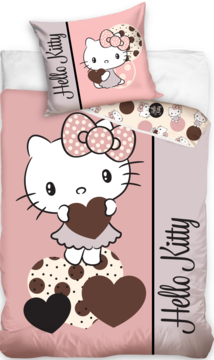 Różowa dziecięca pościel Hello Kitty, poszwa i poduszka z postacią Hello Kitty, sercami, kropkami.