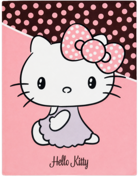 Grafika Hello Kitty: biała postać w liliowej sukience i różowej kokardzie, na różowo-brązowym tle.