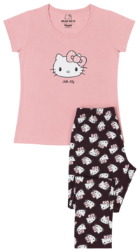 Piżama dziecięca Hello Kitty w różowym t-shircie i brązowych legginsach z wzorem Hello Kitty, widok z przodu.