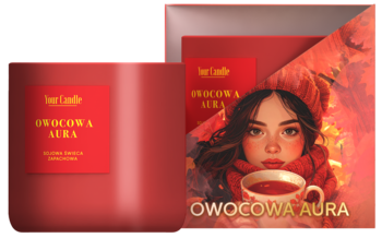 Czerwona świeca zapachowa "OWOCOWA AURA" obok otwartego pudełka z ilustracją kobiety i kubkiem napoju.