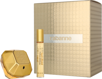 Złoty zestaw Paco Rabanne Lady Million: fasetowany flakon perfum, mały rollerball i teksturowane pudełko z logo.