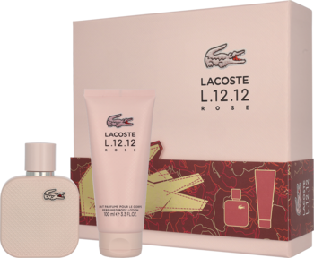 Lacoste L.12.12 Rose zestaw: flakon perfum i balsam w pastelowym różu, z pudełkiem, widok z przodu.