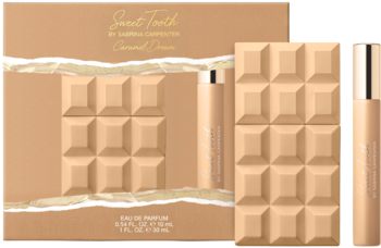 Sweet Tooth Caramel Dream Sabrina Carpenter: perfumy w kształcie tabliczki karmelowej czekolady z flakonem.