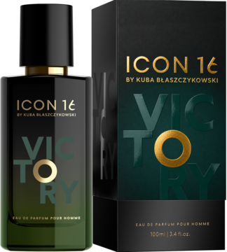Męskie perfumy ICON 16 Victory w ciemnozielonej butelce i pudełku, z czarną nakrętką i złotym napisem VICTORY.