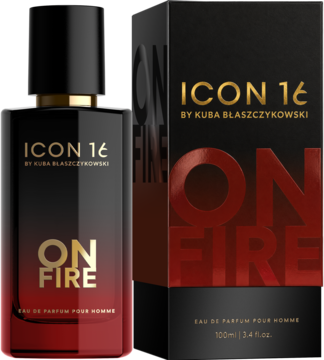 Czarno-czerwona butelka wody perfumowanej ICON 16 ON FIRE By Kuba Błaszczykowski i pasujące pudełko z przodu.