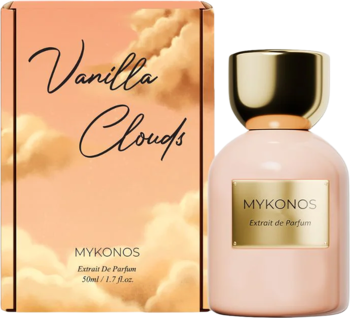 Butelka perfum Mykonos Vanilla Clouds (różowa z złotą zakrętką) i pudełko z motywem chmur.