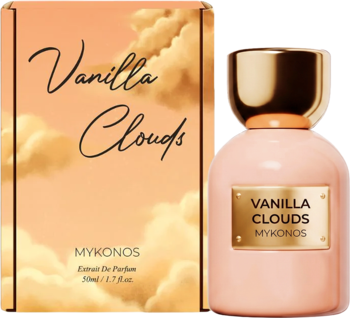 Mykonos Vanilla Clouds Extrait de Parfum, jasnoróżowa butelka ze złotym korkiem i pudełko z chmurami, widok z przodu.