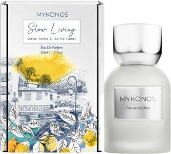 Mykonos Slow Living woda perfumowana 50ml w białym flakonie, obok pudełko z grafiką cytryn. Świeży zapach.