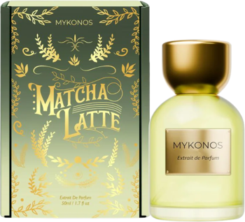 Mykonos Matcha Latte perfumy gourmand, zielona butelka i pudełko ze złotymi liśćmi, widok z przodu.