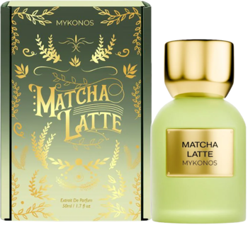 Ekstrakt perfum Mykonos Matcha Latte, butelka z matowego szkła i zielone pudełko ze złotymi liśćmi.