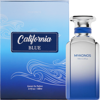Mykonos California Blue Extrait de Parfum, męski zapach w butelce gradientowej i pudełku z falami.