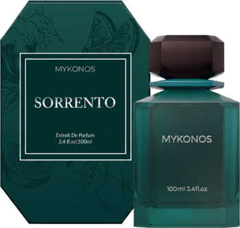 Męskie perfumy Mykonos Sorrento cytrusowo-drzewne. Ciemnozielona butelka i ośmiokątne pudełko, widok z przodu.