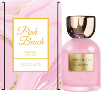Mykonos Pink Beach Eau de Parfum, świeży owocowo-kwiatowy. Różowa butelka i pudełko z przodu, złote detale.