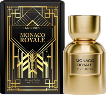 Elegancki Mykonos Monaco Royale Extrait de Parfum: złoty flakon obok czarnego pudełka w stylu art deco.