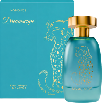 Perfumy Mykonos Dreamscape, turkusowa butelka i pudełko ze złotym gepardem, świeży owocowo-drzewny zapach.
