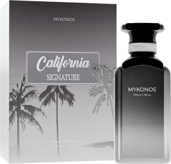 MYKONOS California Signature 100ml: męskie perfumy cytrusowe, gradientowa butelka i pudełko z palmami. Widok z przodu.
