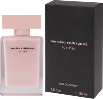 Różowa butelka wody perfumowanej Narciso Rodriguez For Her dla kobiet z czarnym pudełkiem, widok z przodu.