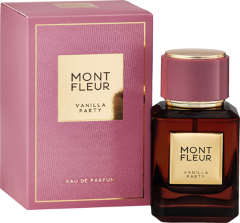 Mont Fleur Vanilla Party EDP: Kwadratowa butelka perfum z różową zakrętką i pasujące pudełko na czarnym tle.