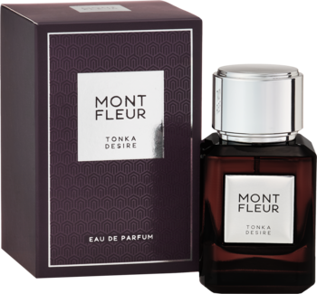 Mont Fleur Tonka Desire Eau de Parfum. Ciemna, kwadratowa butelka z srebrną nakrętką i pudełko, na czarnym tle.