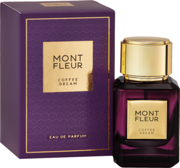 Mont Fleur Coffee Dream, woda perfumowana z nutą kawy, ciemnofioletowa butelka i pudełko ze złotymi detalami.