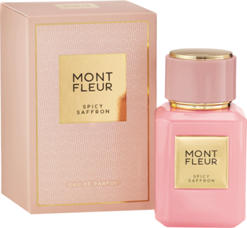 Mont Fleur Spicy Saffron, różowa butelka perfum i pasujące pudełko z złotymi detalami, widok z przodu.