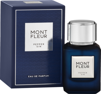 Mont Fleur Pepper Sin EDP, butelka i pudełko w granatowym kolorze ze srebrną etykietą, widok z przodu.