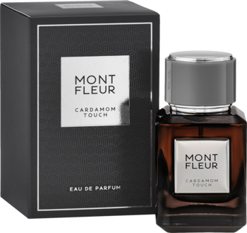 Mont Fleur Cardamom Touch, drzewno-pikantny Eau de Parfum z kardamonem. Bursztynowa butelka ze srebrnym korkiem i czarne pudełko.